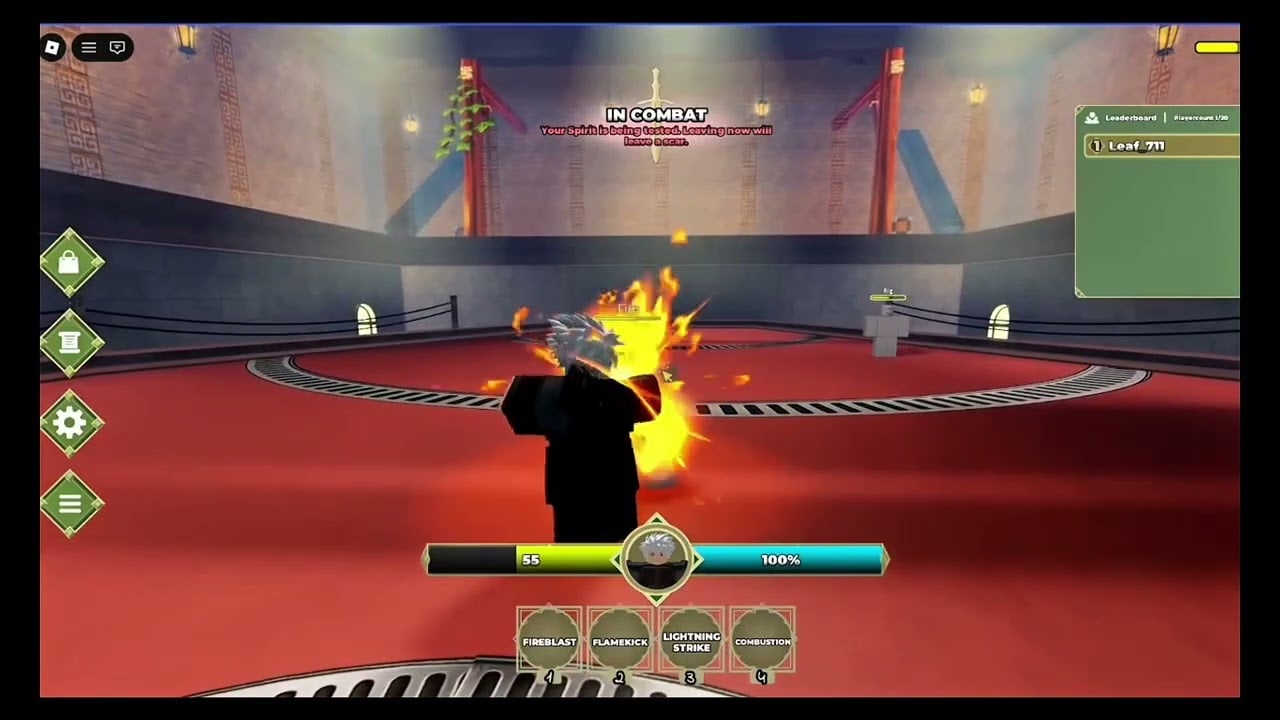 Bending Grounds firebender in the arena using Fire Blast, with the combat HUD showing Fireblast, Flame Kick, Lightning Strike, and Combustion