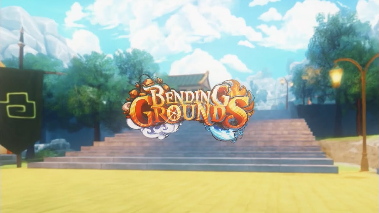 Bending Grounds courtyard with stone stairs, lanterns, and mountains behind the in-game title